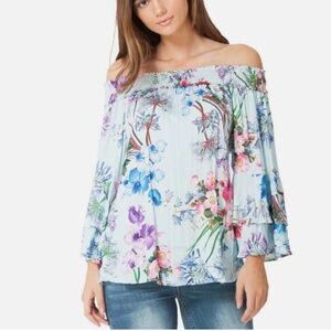 Hale Bob Off-Shoulder Floral Top, Light Blue Blouse Elbow Length Sleeves Size S
